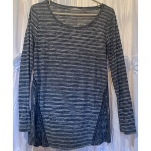 Soft Surroundings Sz S Dylan Swing‎ Blue Gray Striped Crochet Trim Tunic Top